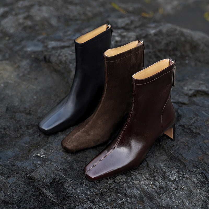 Elegant Ankle Boots 60mm Heeled Back Zipper Slimming Boots in Black/Brown/Suede Brown
