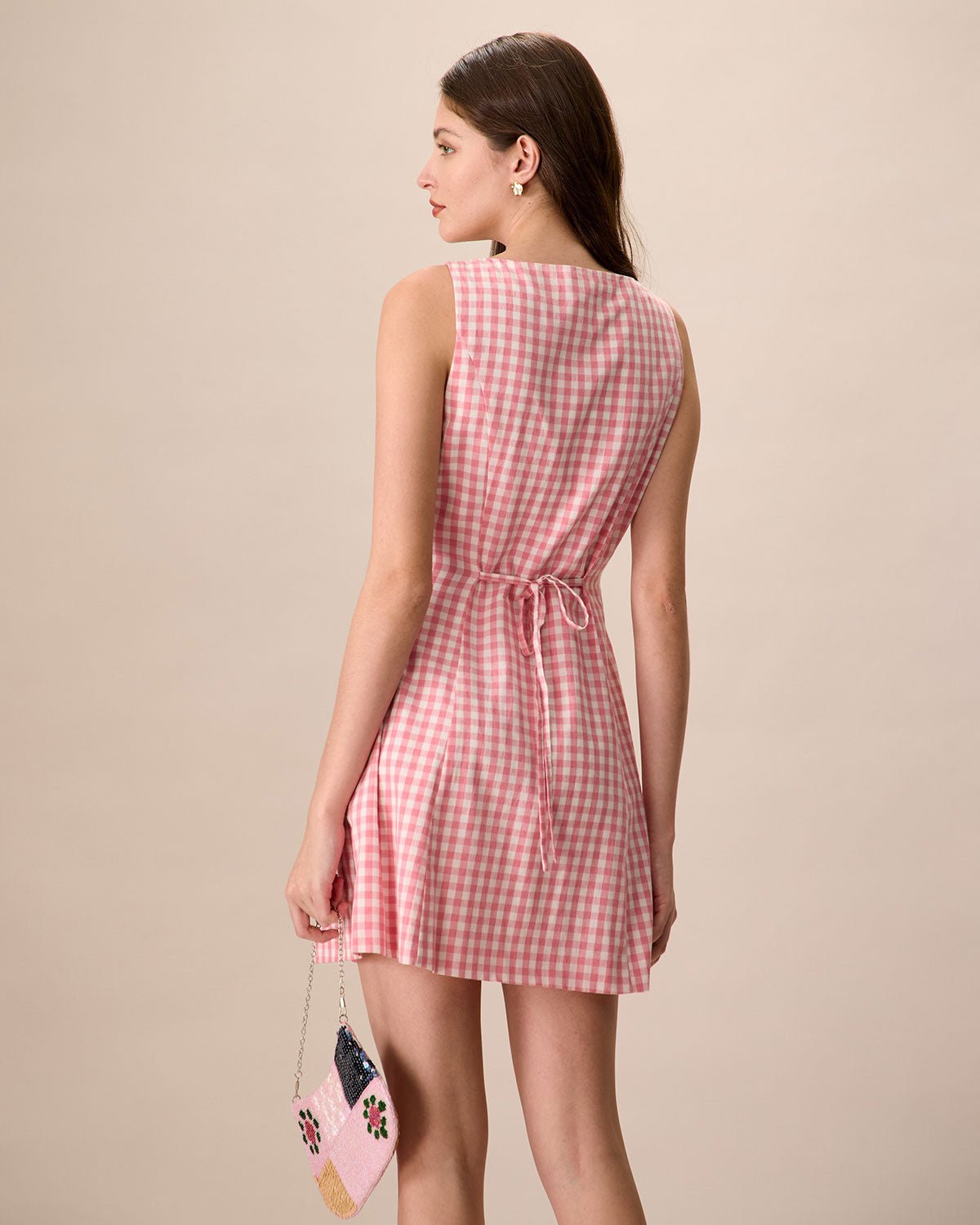 Women's Pink V-Neck Plaid Cotton Mini Dresses