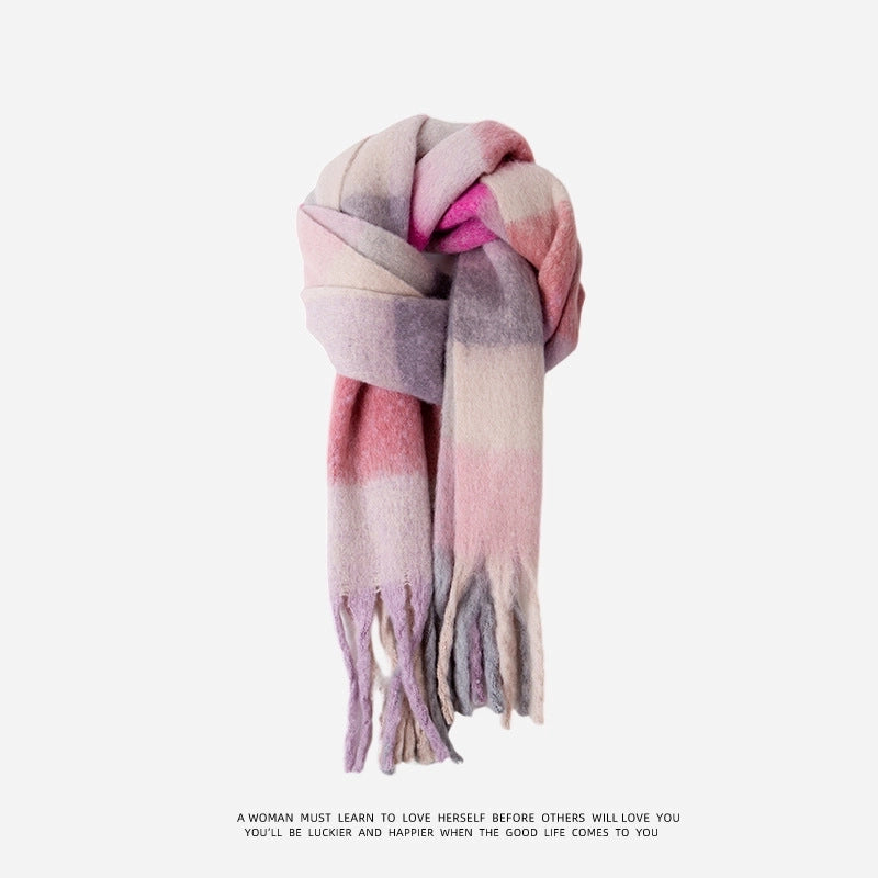 Blue Plaid Student Warm Big Scarf Women's Winter New Versatile  Shawl Outer Wear Dual-use Scarf