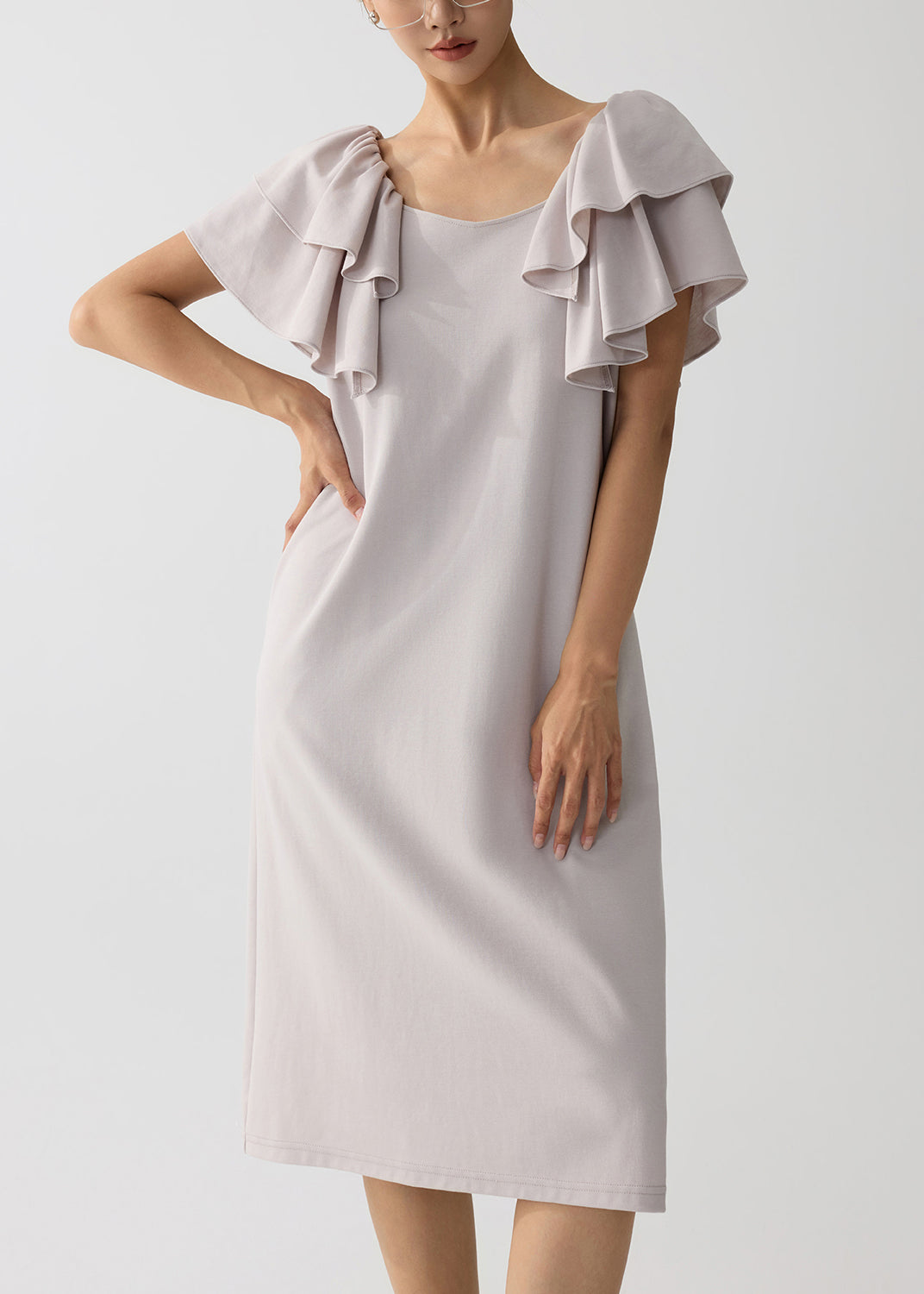 Women Apricot Cotton Work Straight Dress Butterfly Sleeve