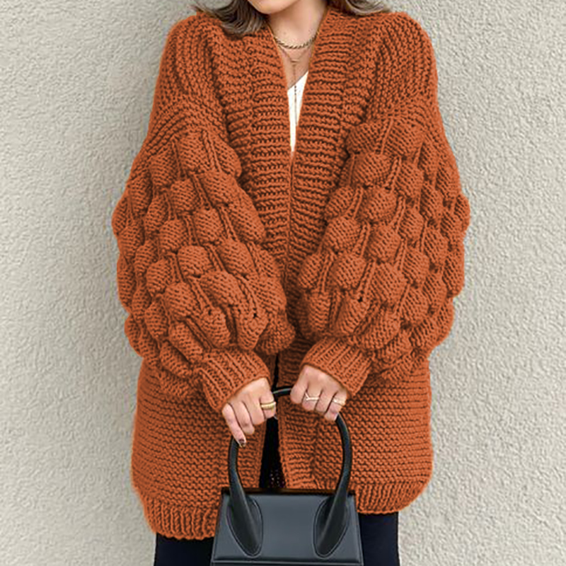 Retro Loose Puff Sleeves Thick Wool Knitted Cardigan