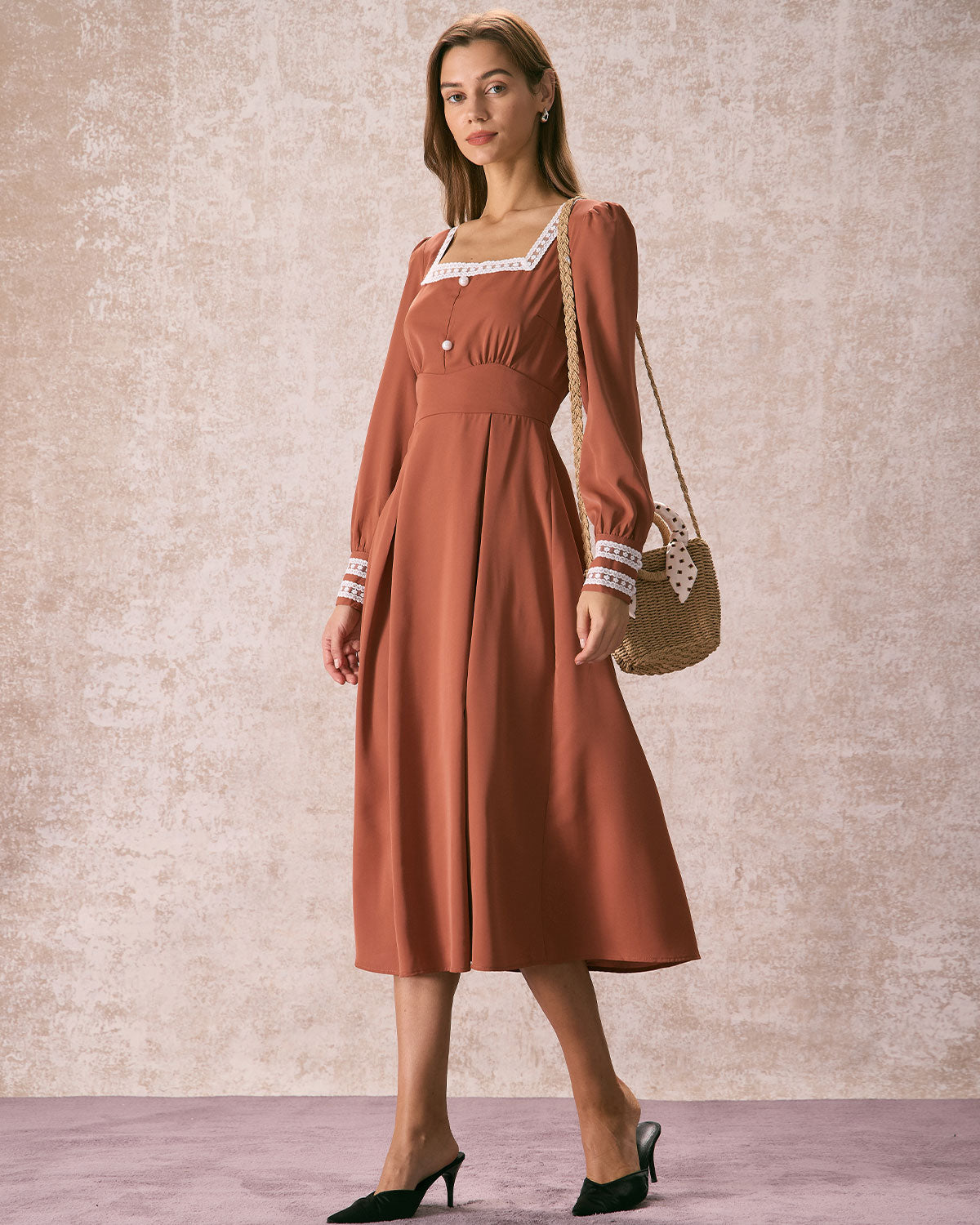 The Brown Square Neck Lace Trim Midi Dress