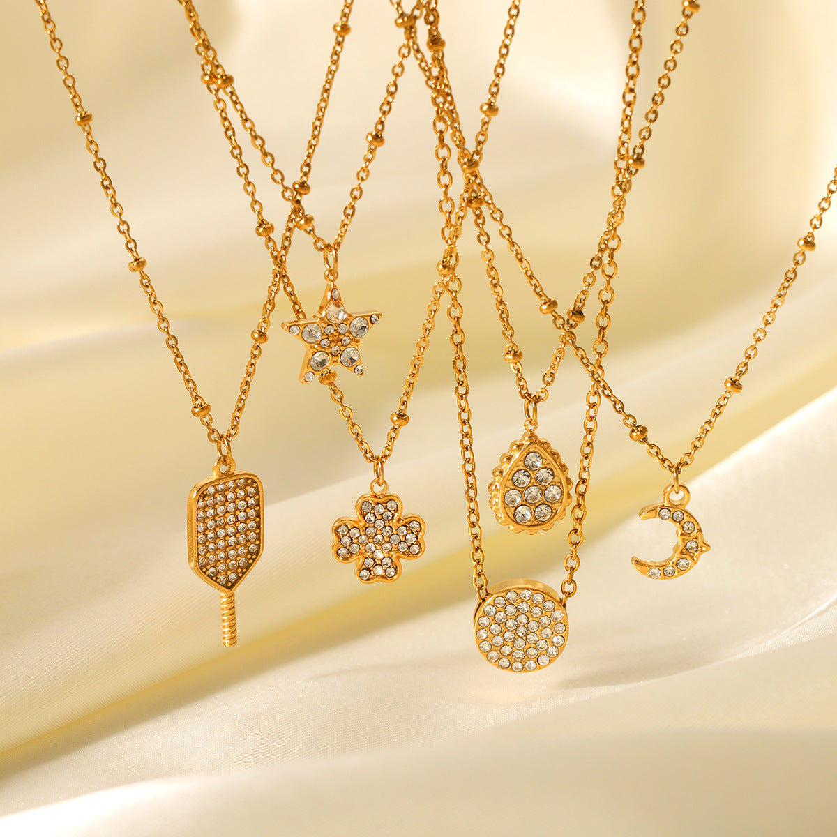 Ins18K Gold Stainless Steel Diamond Water Drop Moon Five-Pointed Star Four-Leaf Clover Pendant Necklace Titanium Steel Clavicle Chain