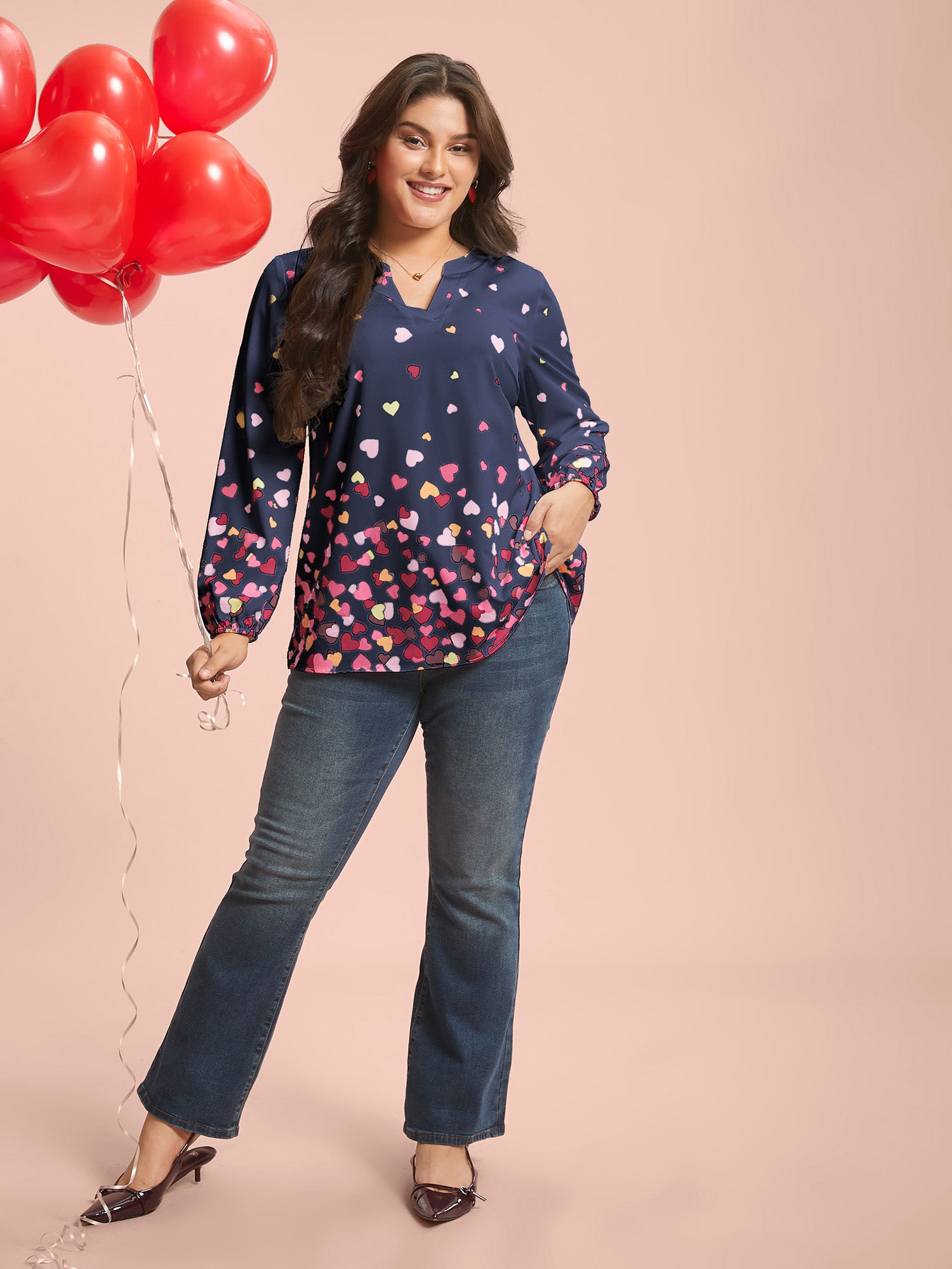 Notched Collar Multi-Color Hearts Blouse