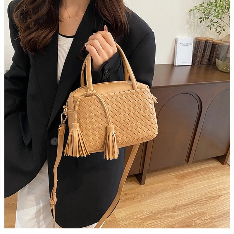 Women's Pu Leather Solid Color Basic Tassel Weave Square Zipper Handbag Crossbody Bag