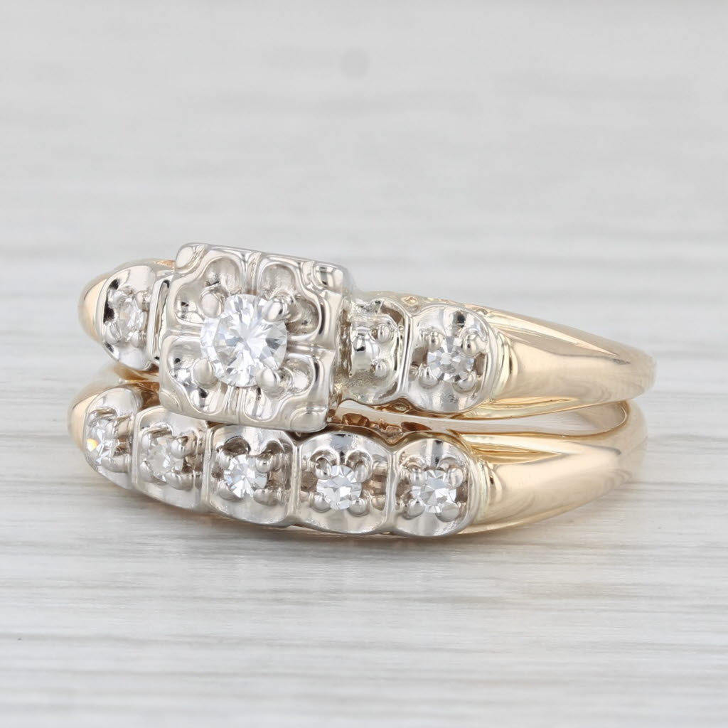 Vintage 0.20ctw Diamond Engagement Ring Wedding Bridal Set 14k Gold Size 8.25