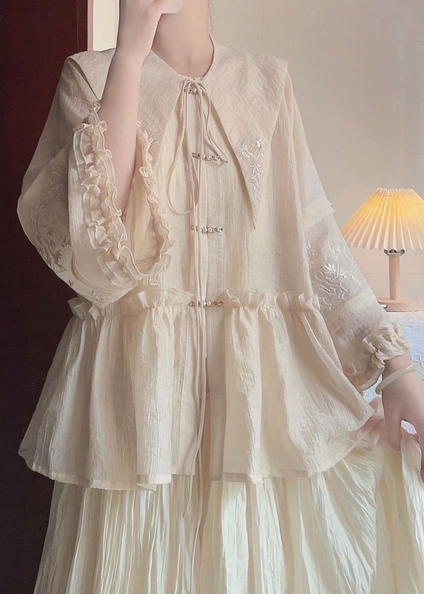 Art Beige Peter Pan Collar Ruffled Shirts And Skirts Cotton Two Pieces Set Spring