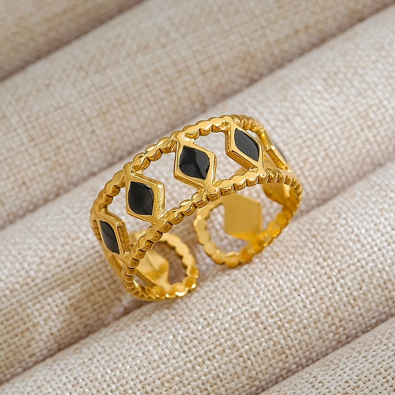 Rock Oversized Leaves Eye Flower 304 Stainless Steel Gem 18K Gold Plated Inlay Open Rings
