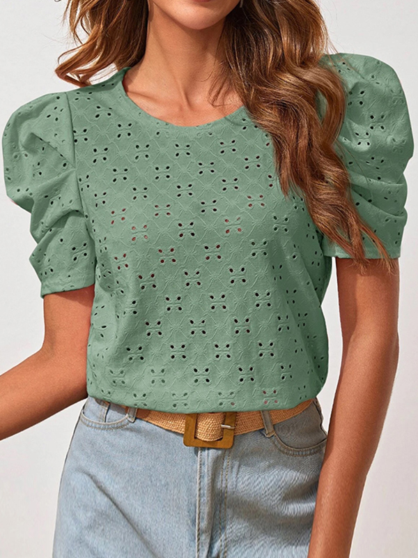 Loose Short Sleeves Hollow Pleated Solid Color Round-Neck T-Shirts Tops