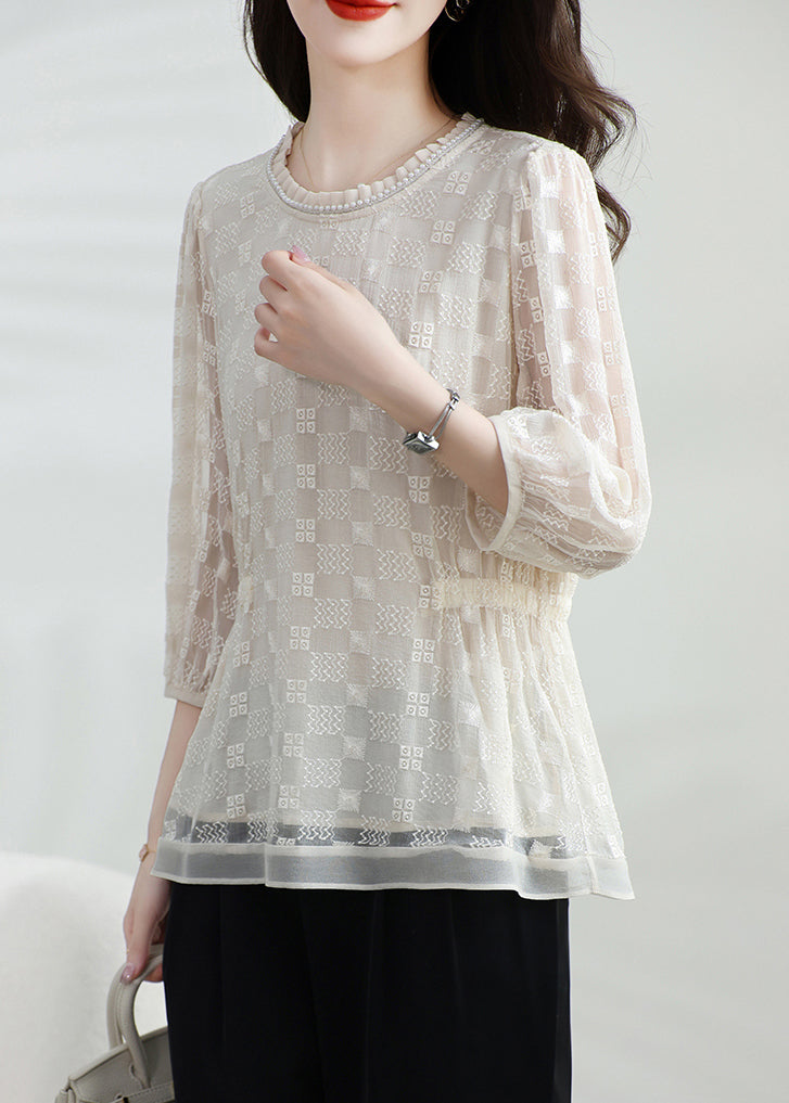 Apricot Silk T Shirt Top Classy O Neck Embroidered Bracelet Sleeve
