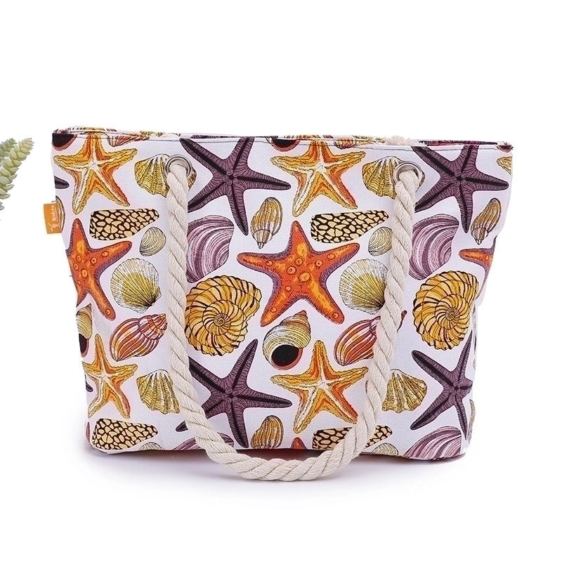 Women's Large Cotton Polyester Starfish Shell Vacation Square Zipper Canvas Bag
