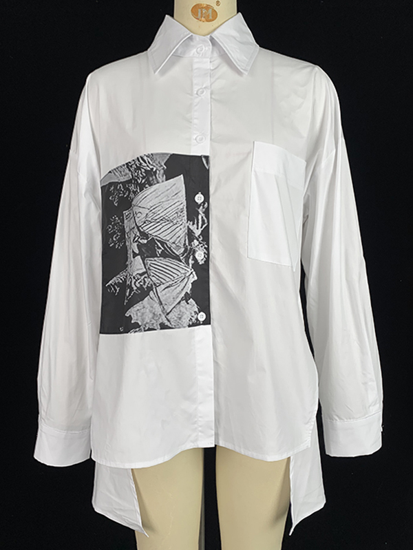 A-Line High-Low Buttoned Pockets Printed Split-Side Stand Collar Blouses&Shirts Tops