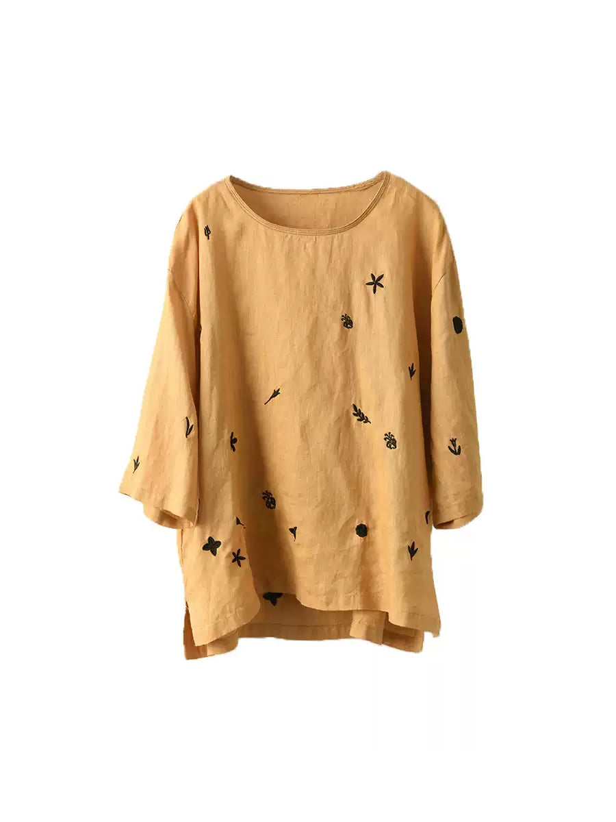 Women Spring O-Neck Flower Embroidery 100%Linen Shirt