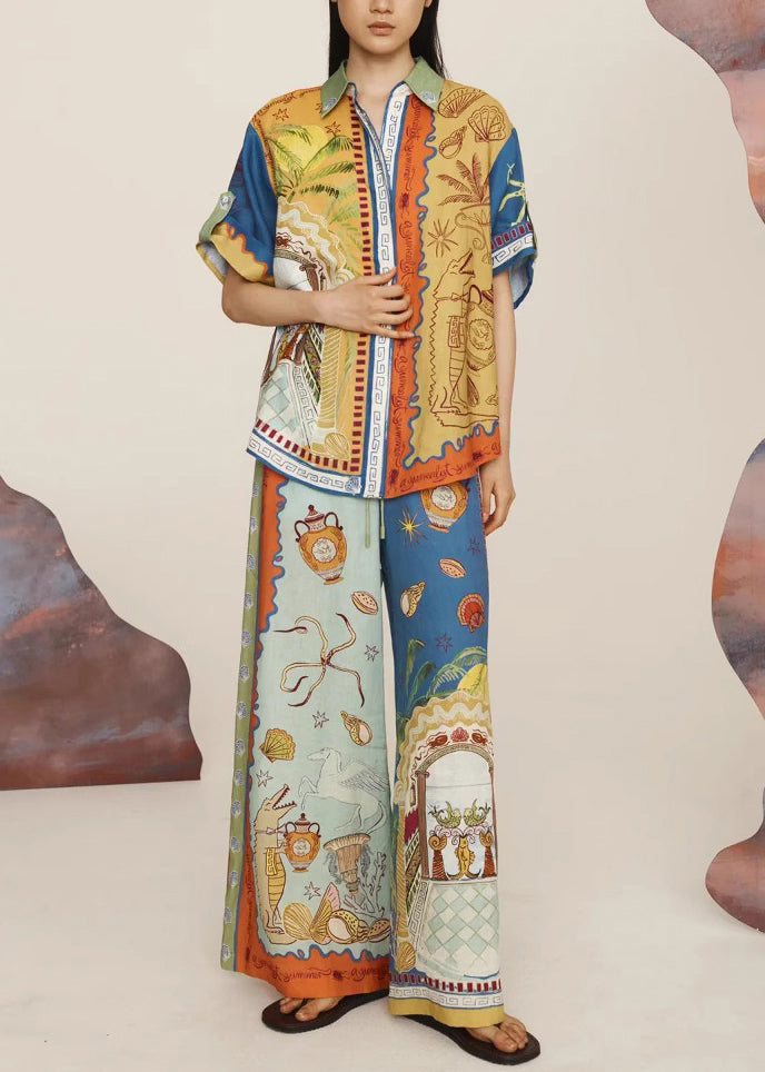 Bohemian Print Elastic Waist Shirts And Wide Leg Pants Two Pieces Set Short Sleeve