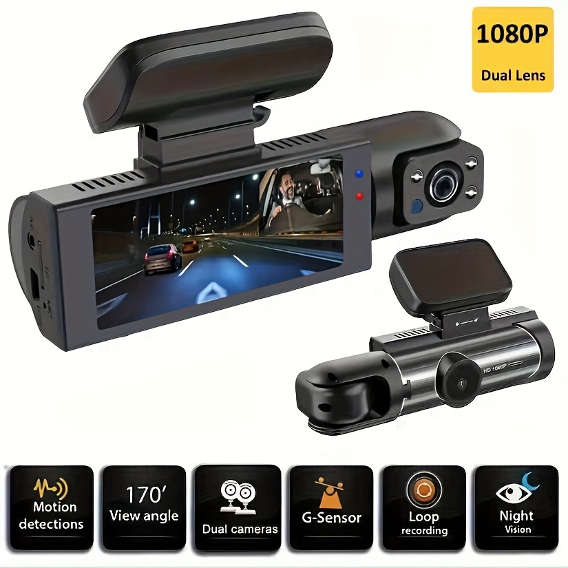 Dual Dash Camera with Night Vision, G-Sensor, Loop Recording, and Wide Angle Lens - 1080P Full HD Car DVR for Front and Interior Monitoring