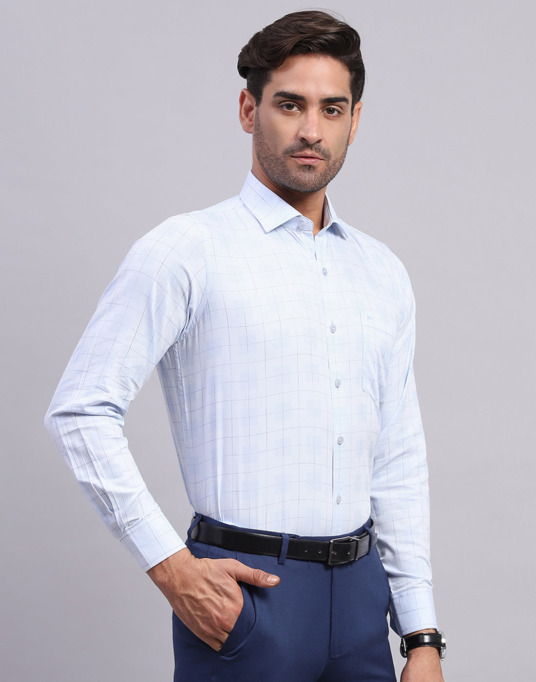 Men Light Blue Check Collar Full Sleeve Shirt