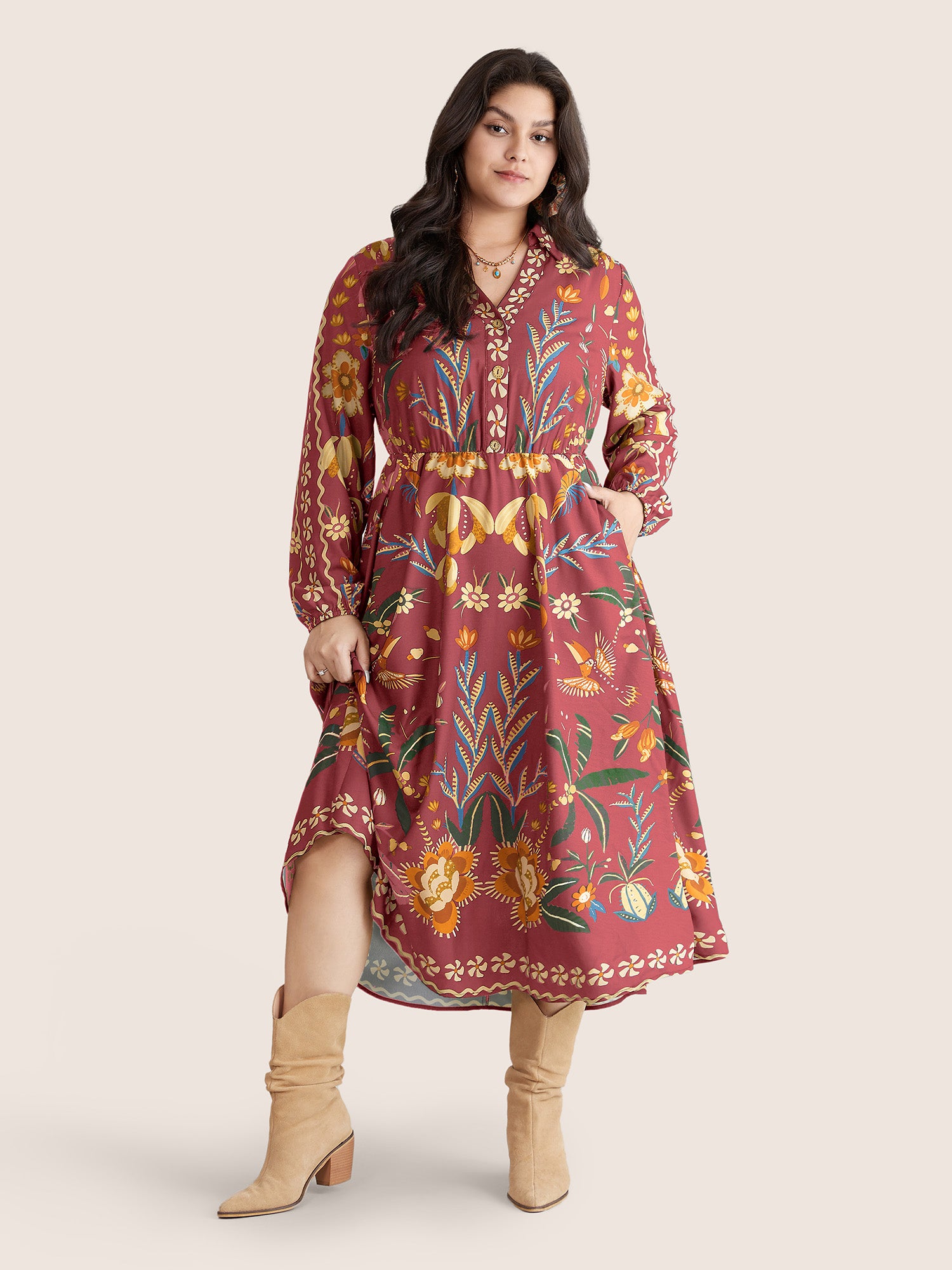 Bandana Print Pocket Lapel Collar Elastic Cuffs Dress