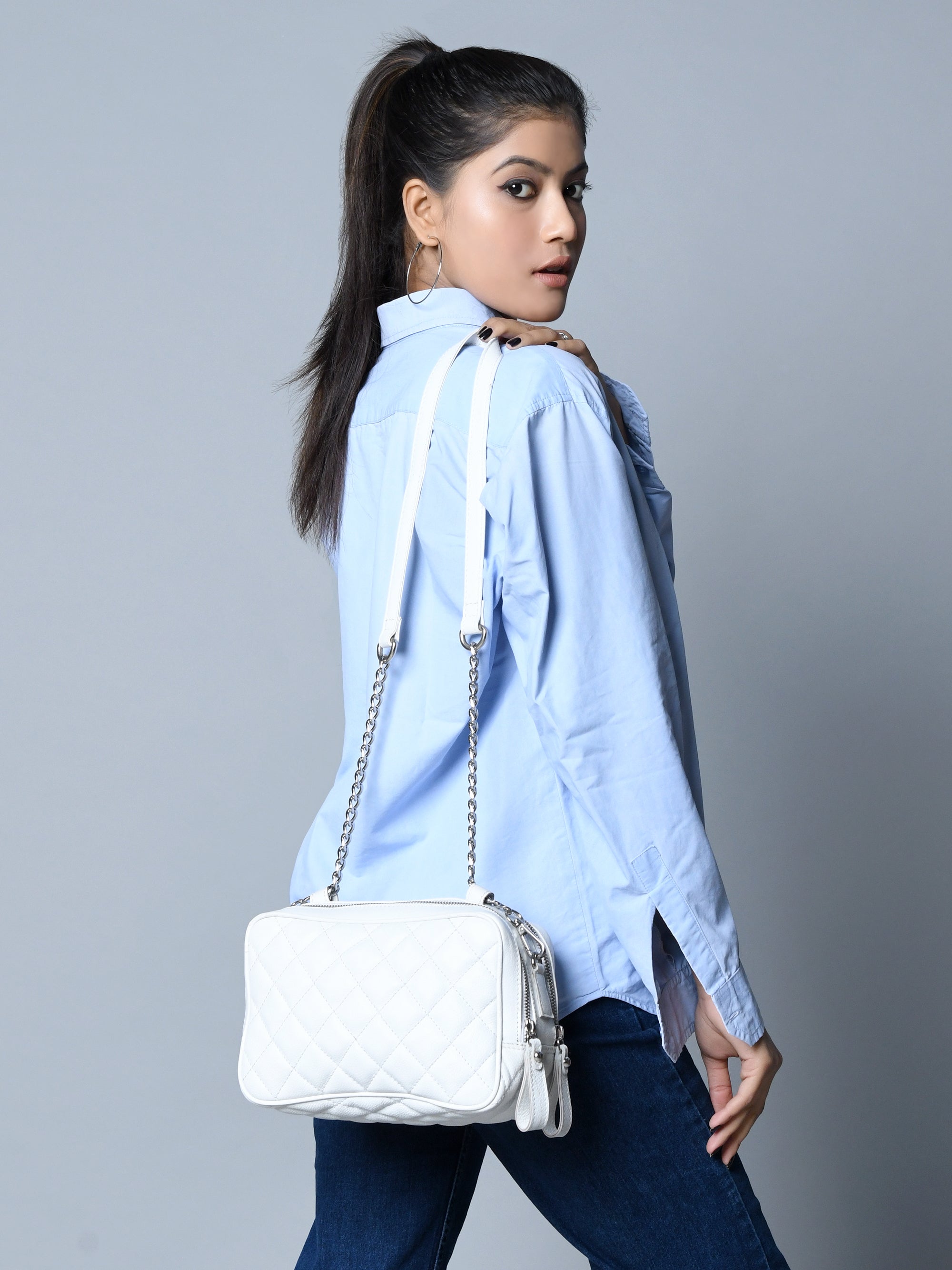 Stylish Mini Quilted Crossbody Bag. White
