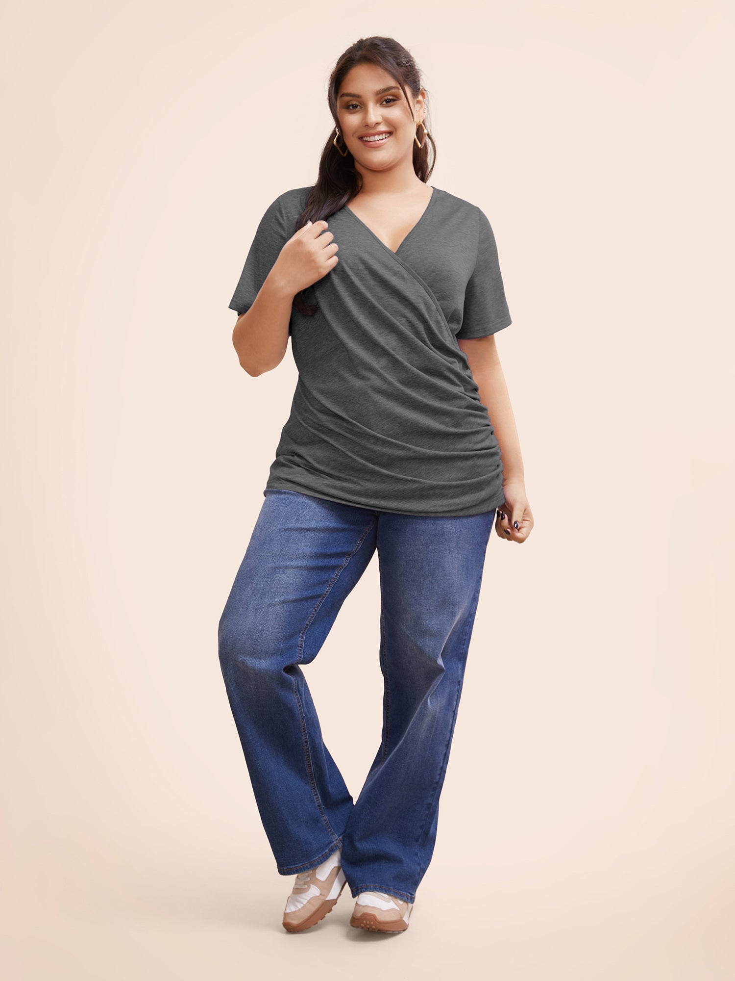Solid Heather Overlap Collar Gathered T-shirt