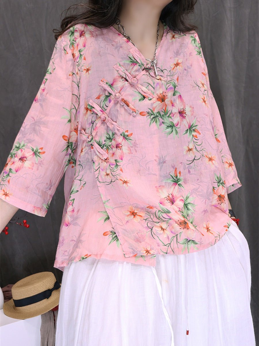 Women Summer Ethnic Flower 100%Ramie V-Neck Shirt