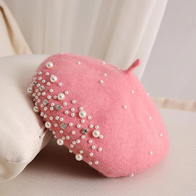 Style Pearl Rhinestone Wool Beret Women's Autumn And Winter British Style Retro Korean Style Japanese Style Western Style Painter Hat