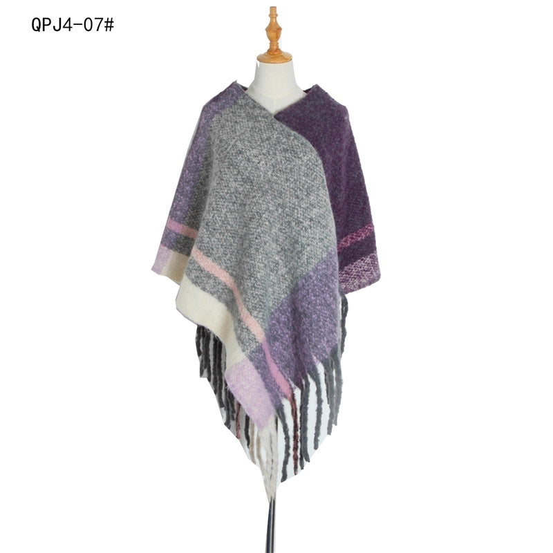 Hot Style New Autumn And Winter Women's Shawl Thick Tassel Loop Yarn Large Plaid Cloak