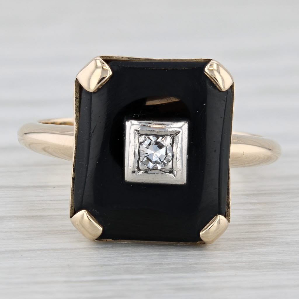 Vintage Onyx Diamond Signet Ring 14k Yellow Gold Size 8