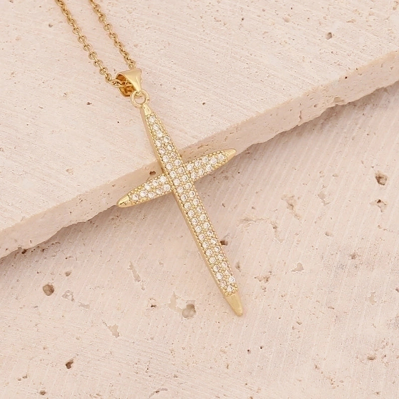Fashion Cross Copper Inlaid Zircon 18K Gold Plated