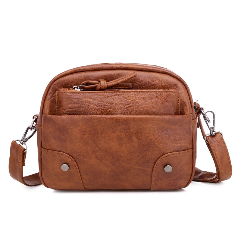 Soft Leather Small Bag Women's New Fashionable Simple Retro Mobile Phone Bag Multi-Layer Travel Fashionable Crossbody Small Square Bag