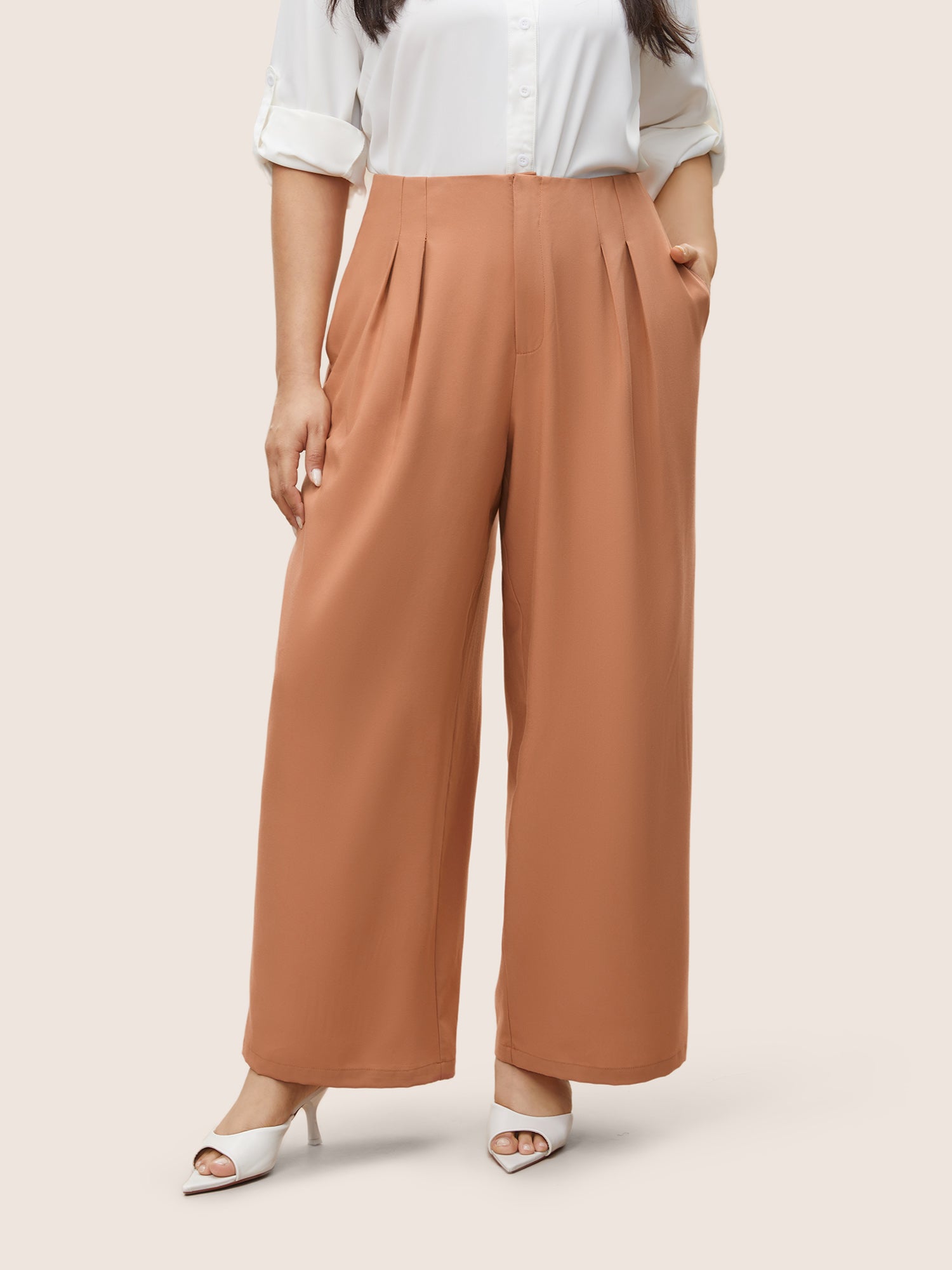 Plain Zipper Fly Pleated Wide Leg Pants