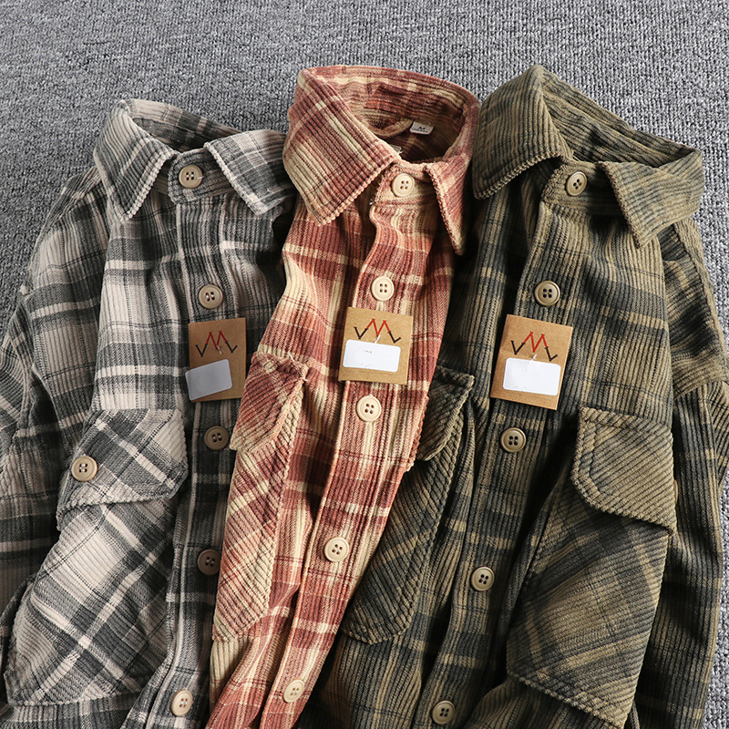Vintage Washed Corduroy Plaid Long-Sleeved Shirt