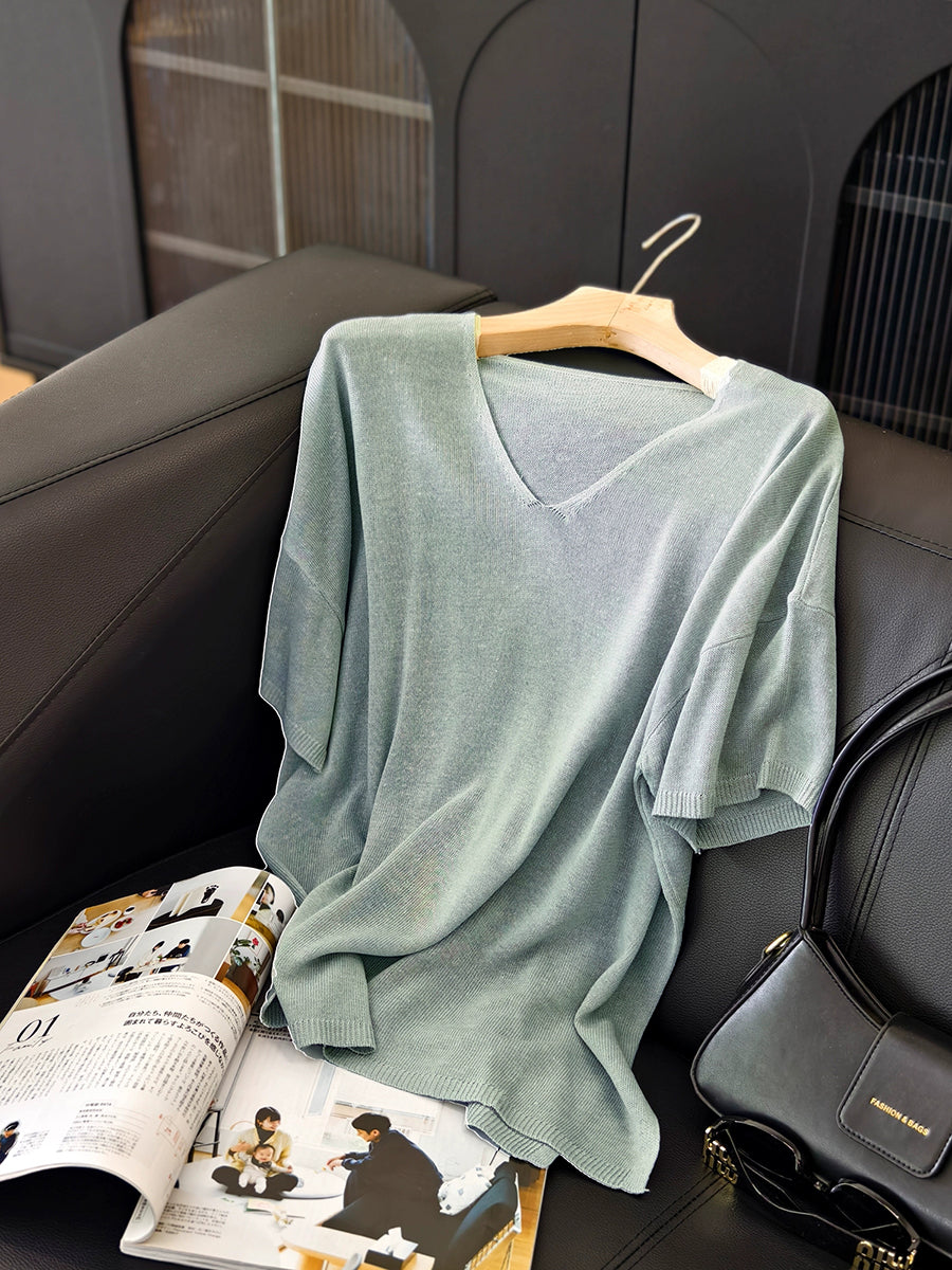 Women Summer Casual Pure Color Knitted V-Neck Shirt