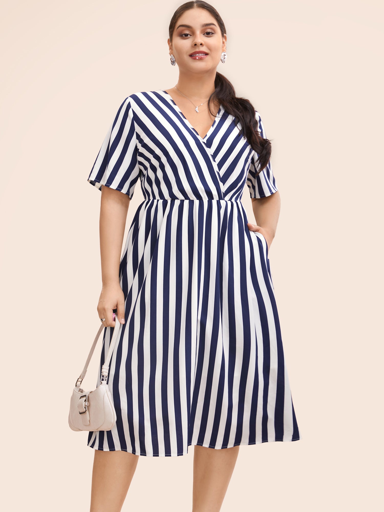 Striped Overlap Collar Ruffle Sleeve Midi Dress