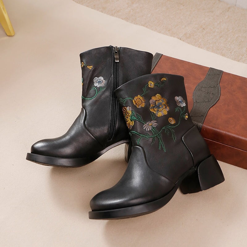 Women's Genuine Leather Short Boots With Embroidery Flowers in Black/Brown