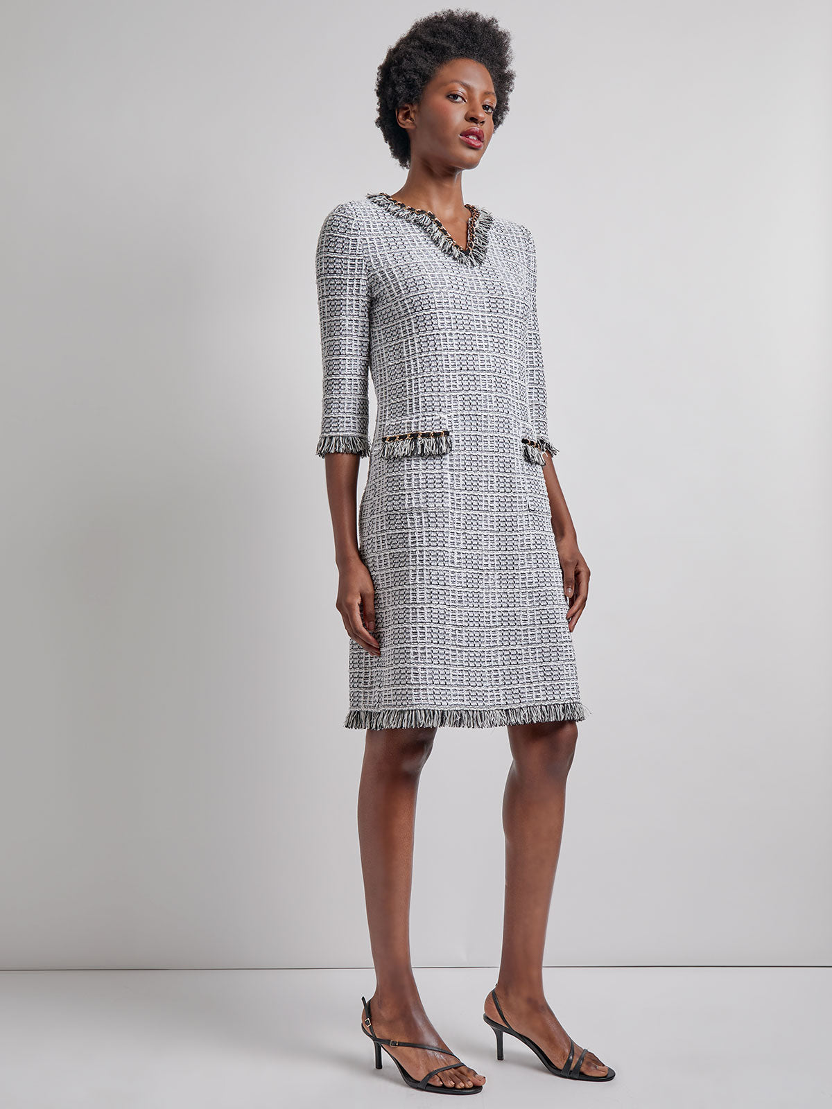 Chain & Fringe Trim Tweed Knit Shift Dress - Vanity Fit