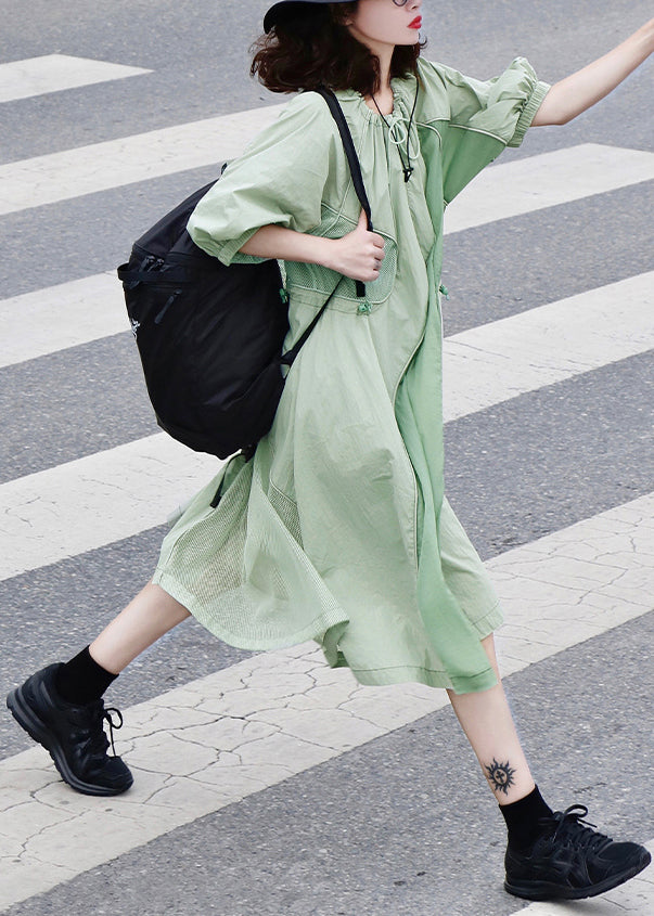 Modern Green Drawstring Wrinkled Patchwork Cotton Dresses Summer
