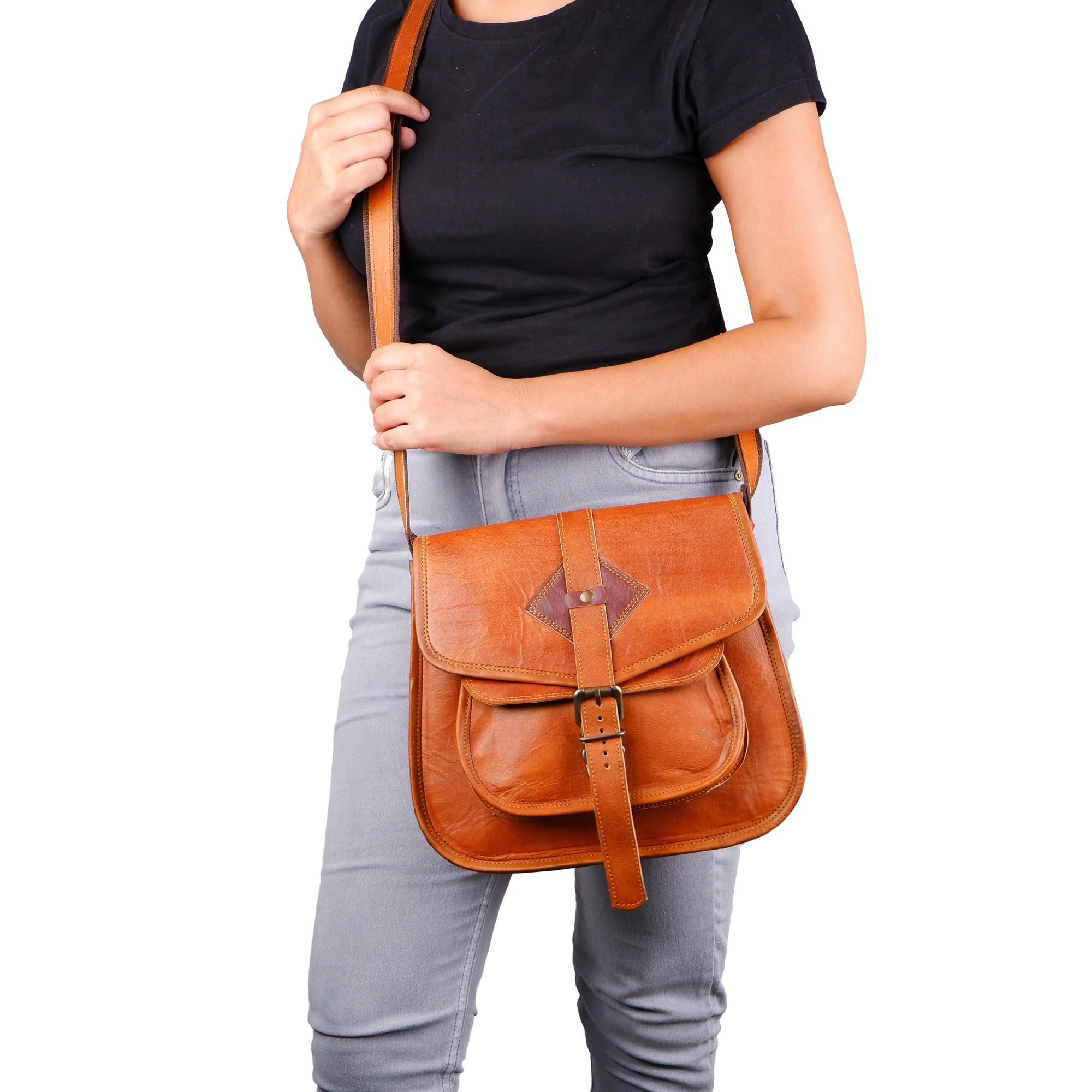 Brown Leather Crossbody Satchel For Women