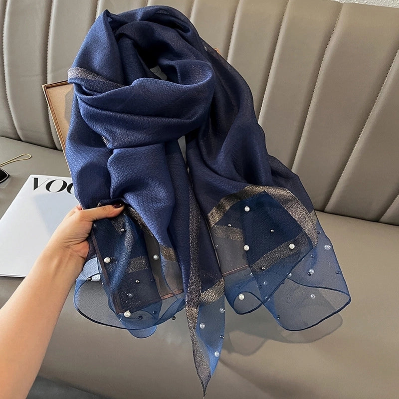 Women's Minimalist Color Block Satin Pearl Silk Scarf
