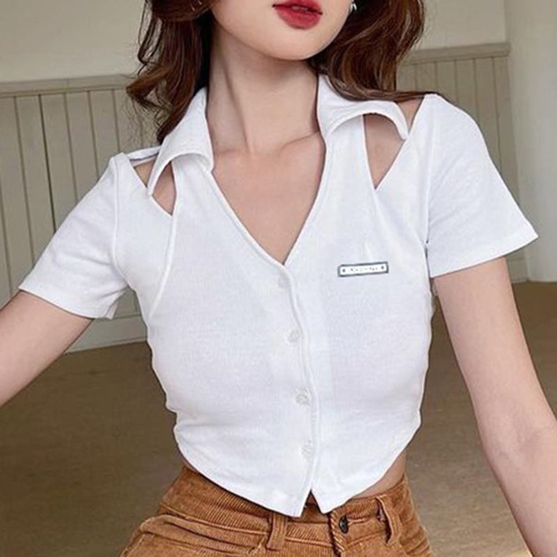 Black Hollow V-Neck Short Sleeves
