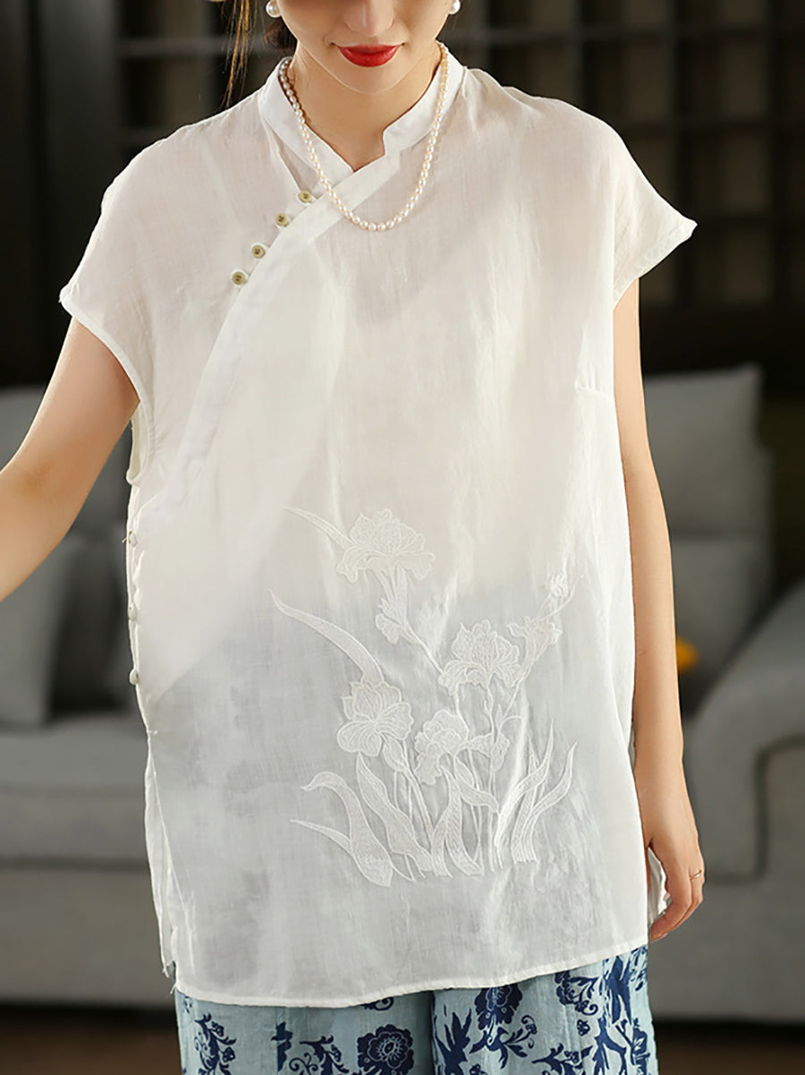 Women Summer Ethnic Flower Embroidery 100%Raime Shirt