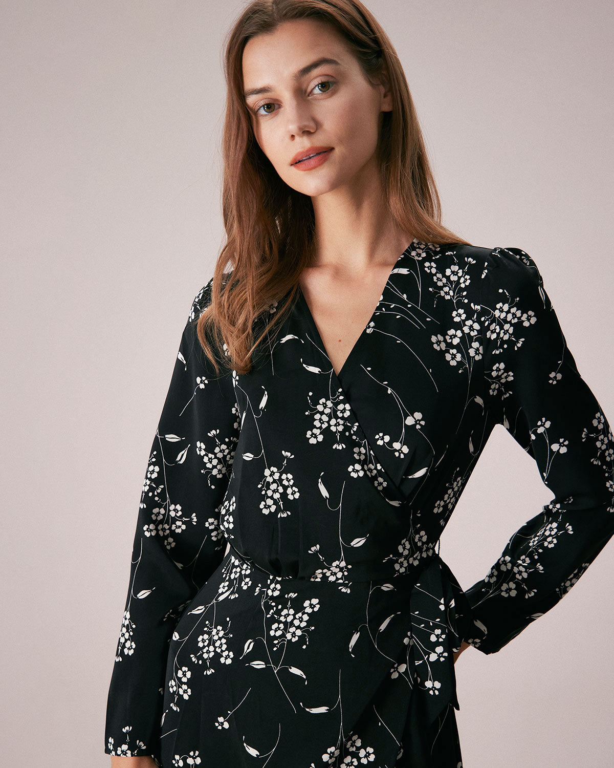 The Black V Neck Wrap Floral Midi Dress