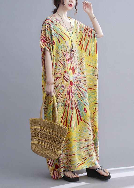 Casual Yellow Print Cotton V Neck Oversize Summer Dress