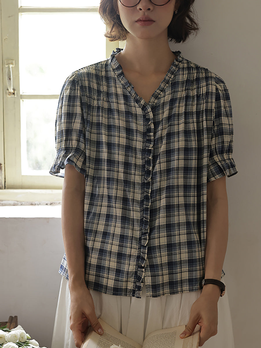 Women Summer Worn Plaid V-Neck Cotton Shirt