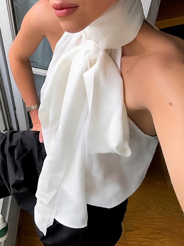 Loose Sleeveless Solid Color Tied Waist Halter-Neck Vest Top