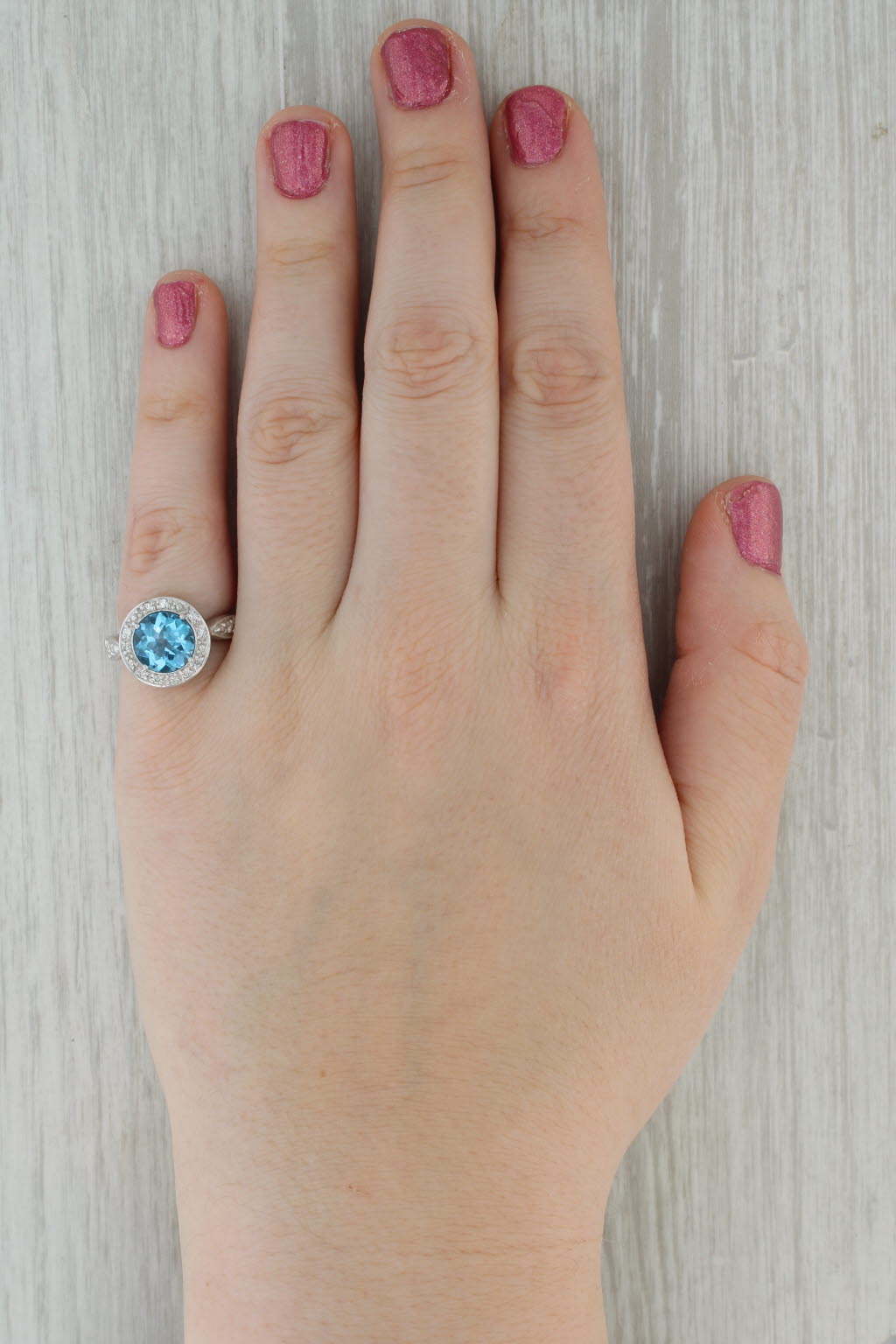 3.60ctw Blue Topaz Diamond Halo Ring 14k White Gold Size 6