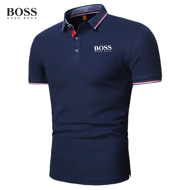 Boss Shirt Men Button Stand Collar Short Sleeve Polo Shirts