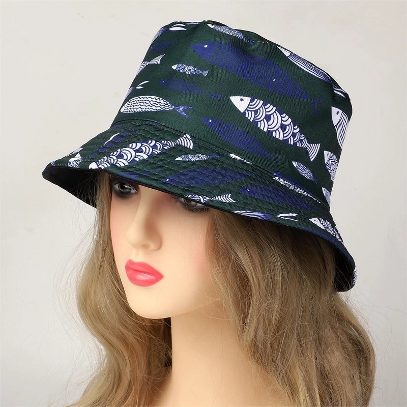 Women's Vacation Beach Animal Coconut Tree Fish Printing Wide Eaves Bucket Hat