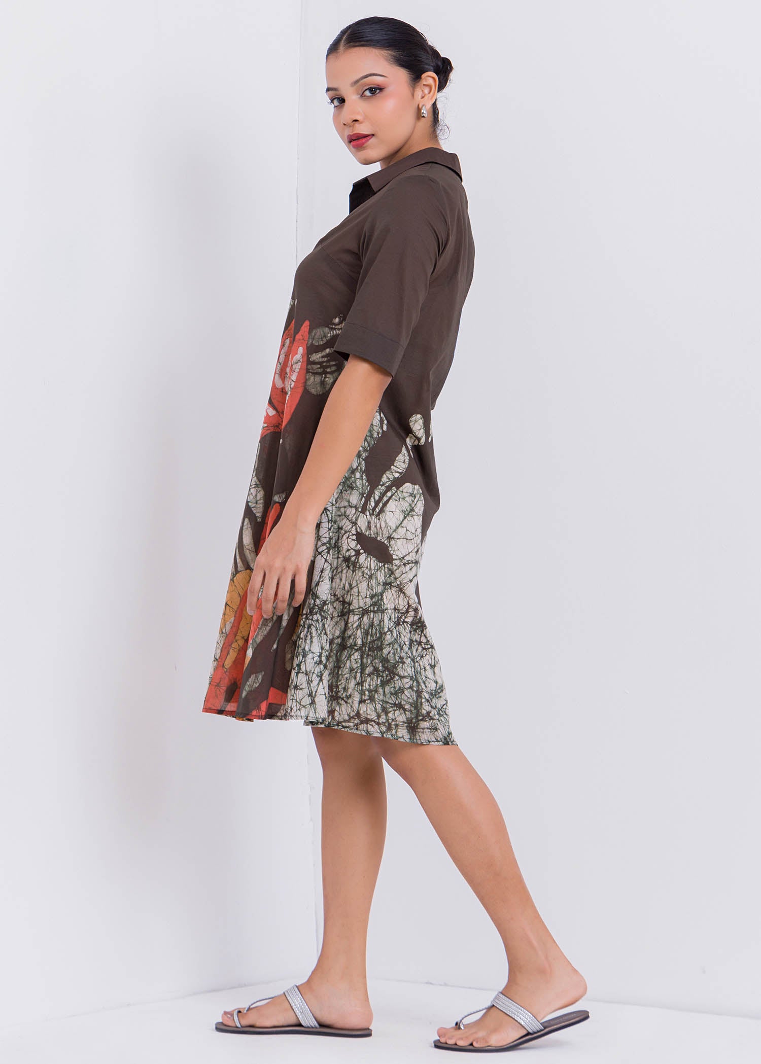 Bird Printed Collared Batik Dress