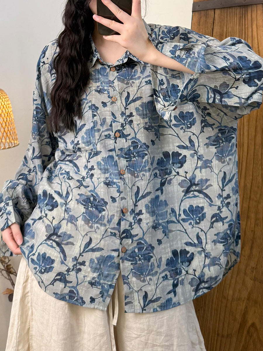 Women Summer Retro Flower Turn-down Collar Linen Shirt