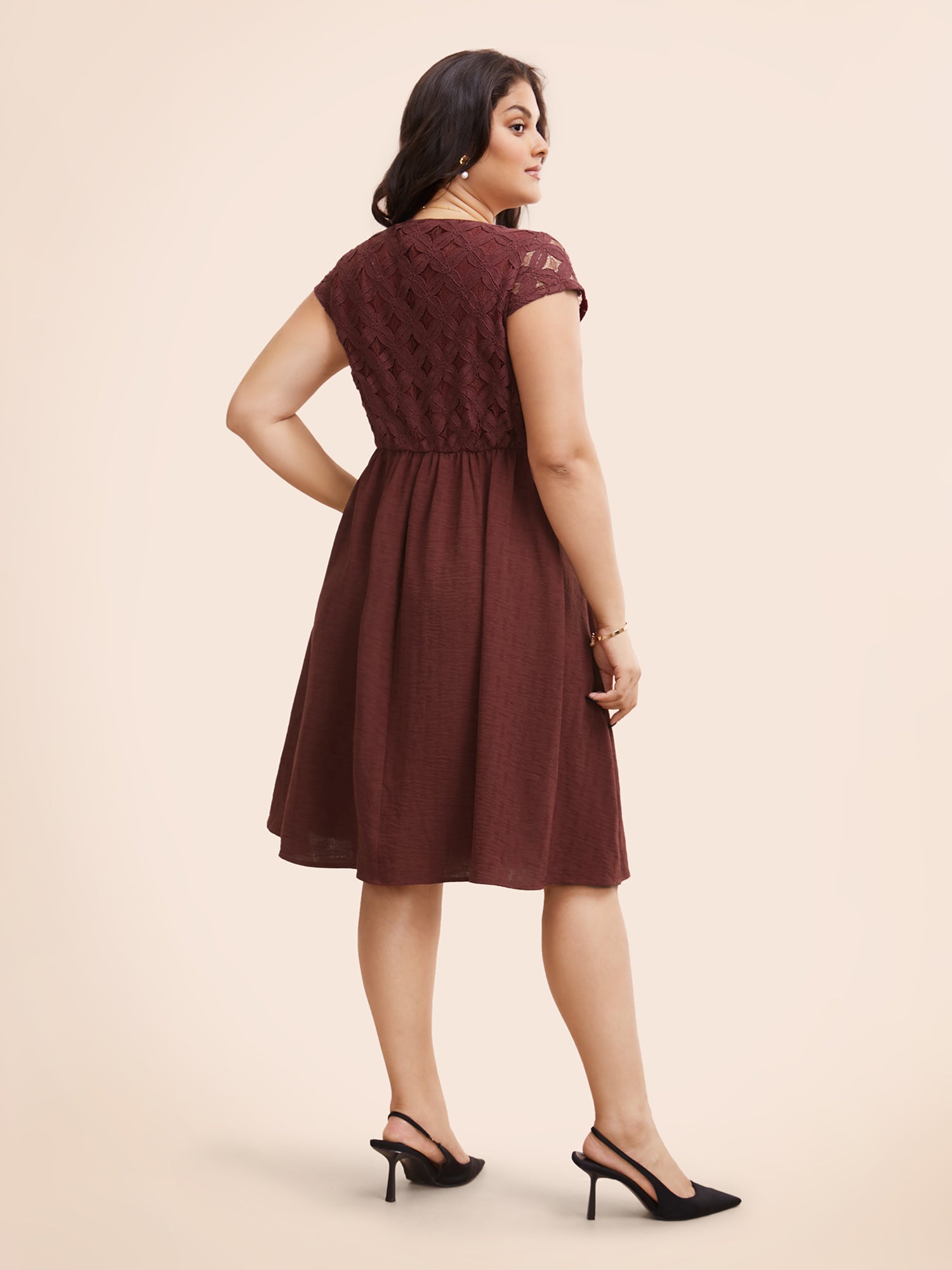 Plain Lace Panel Cap Sleeve Dress